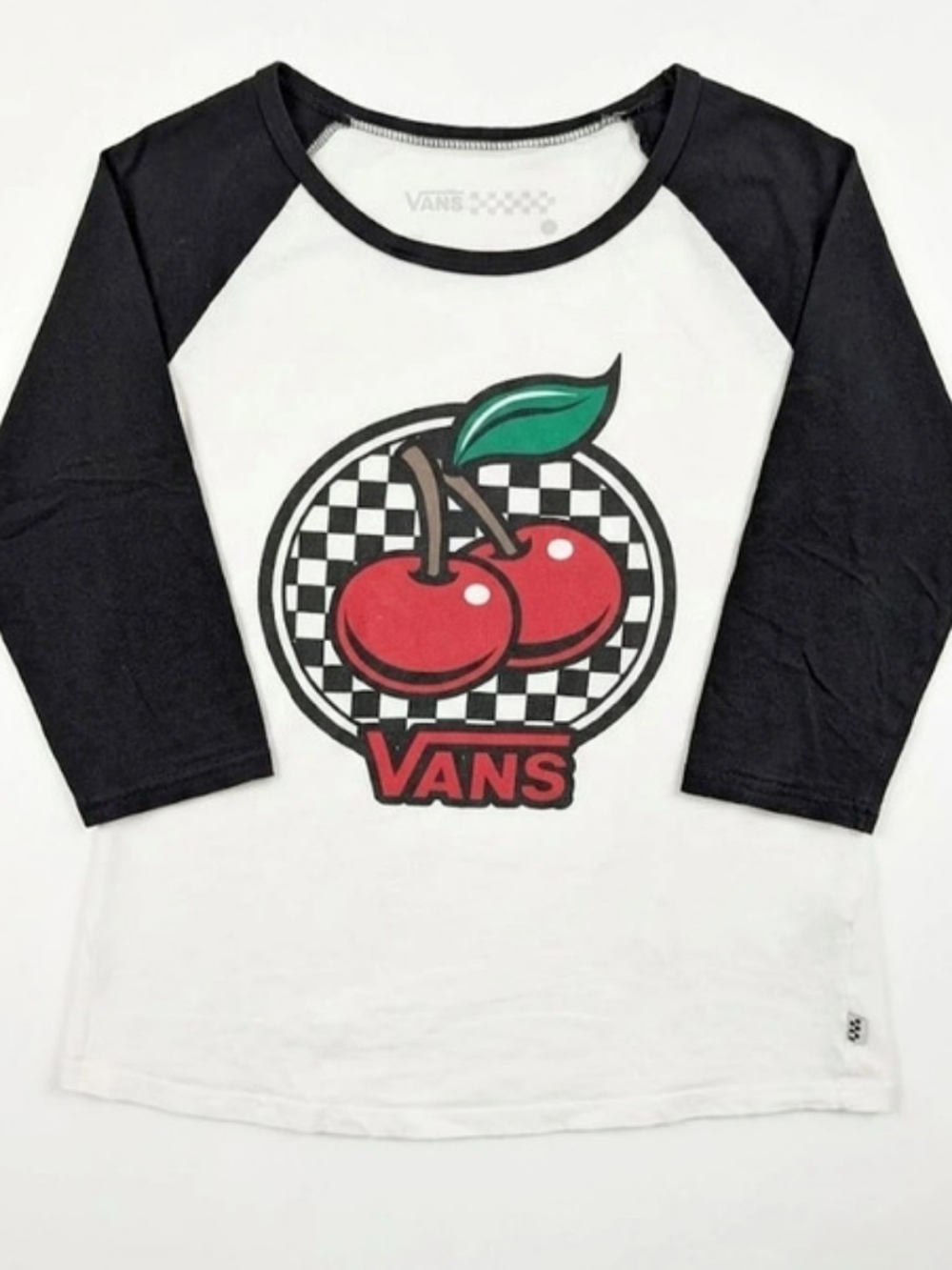 Vans Cherry Checkerboard Raglan Baseball Tee 3/4 Sleeve Black White S